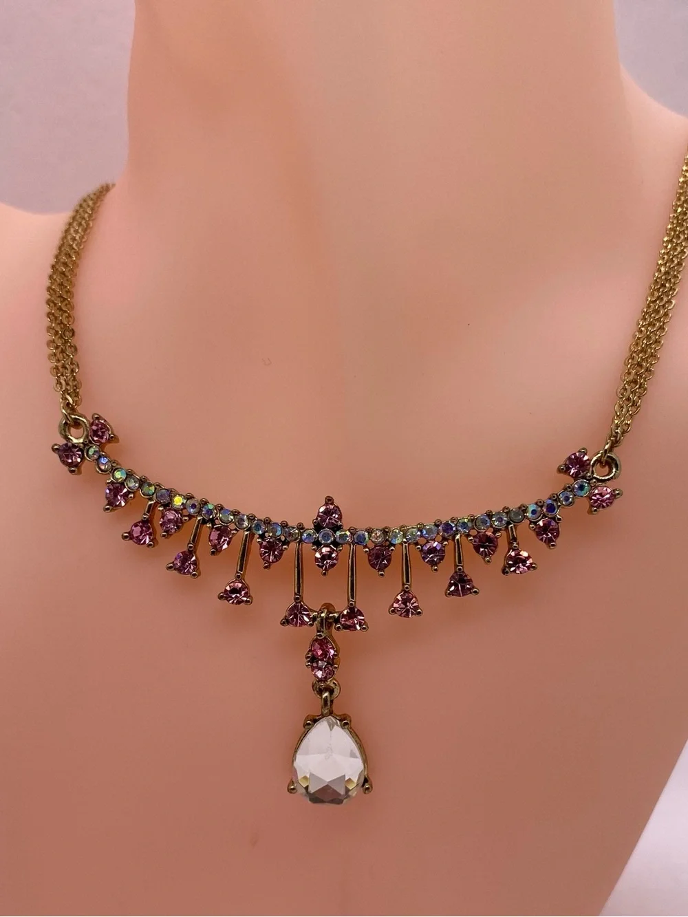 Betsy Johnson Gold-Tone Necklace with Pink Crystals and Teardrop Pendant